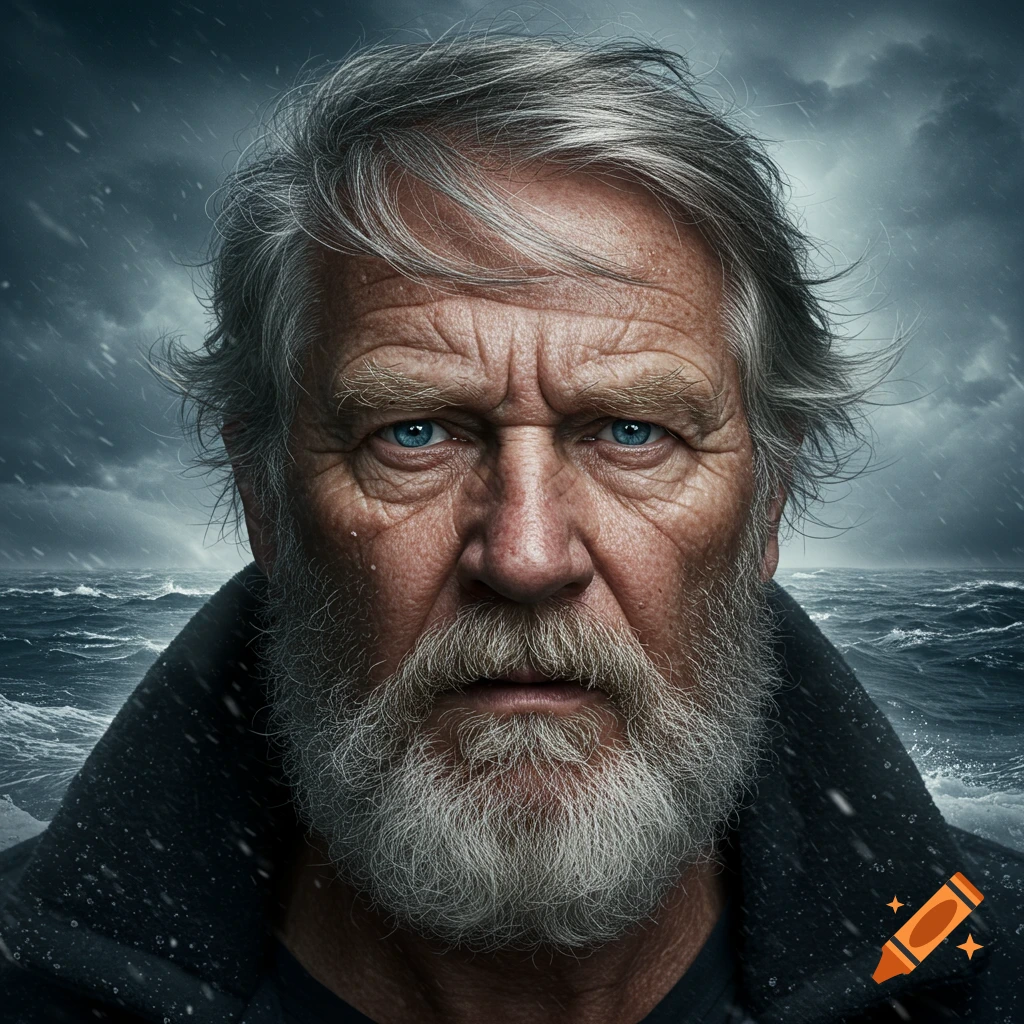 A photorealistic close-up of an old man with a grey beard and blue eyes, looking intensely at the viewer against a stormy sea.