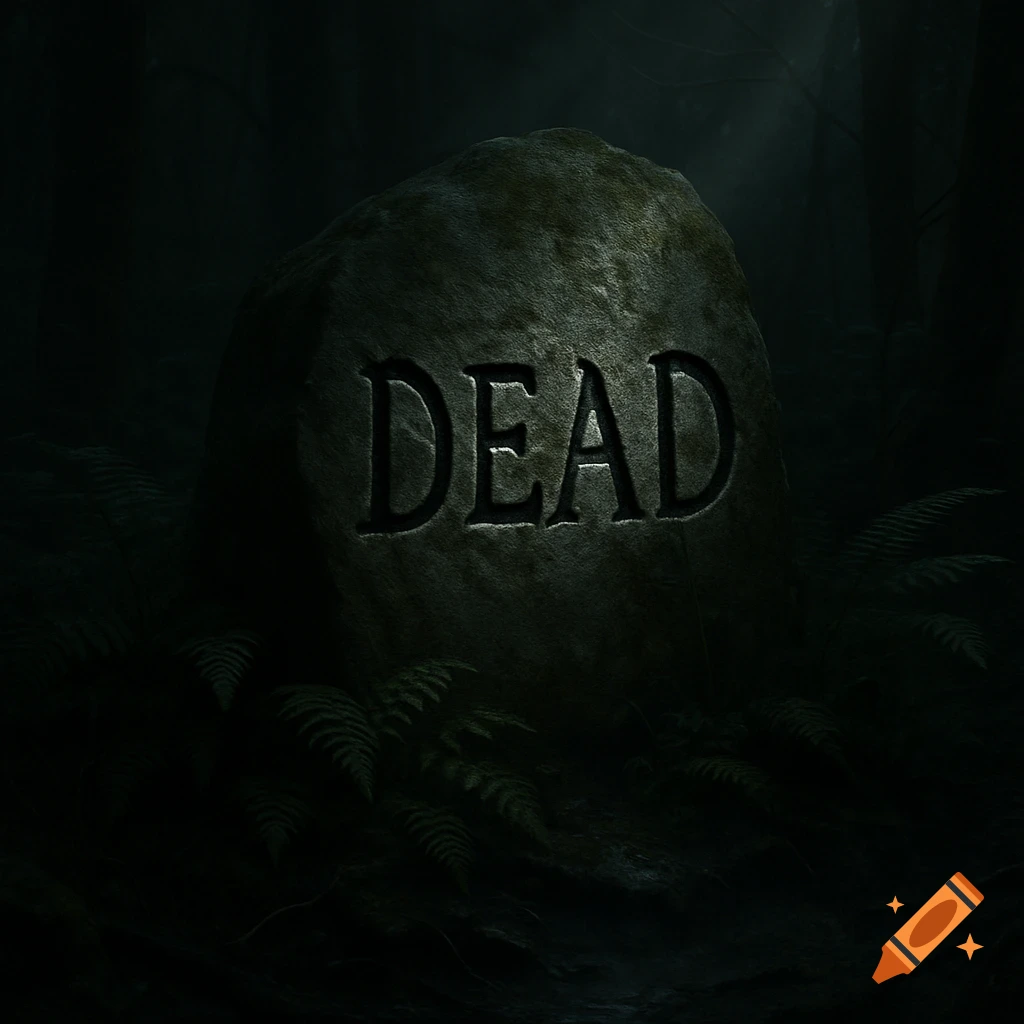 Photorealistic image of a moss-covered rock with the word "DEAD" carved into it, surrounded by ferns in a dark forest.