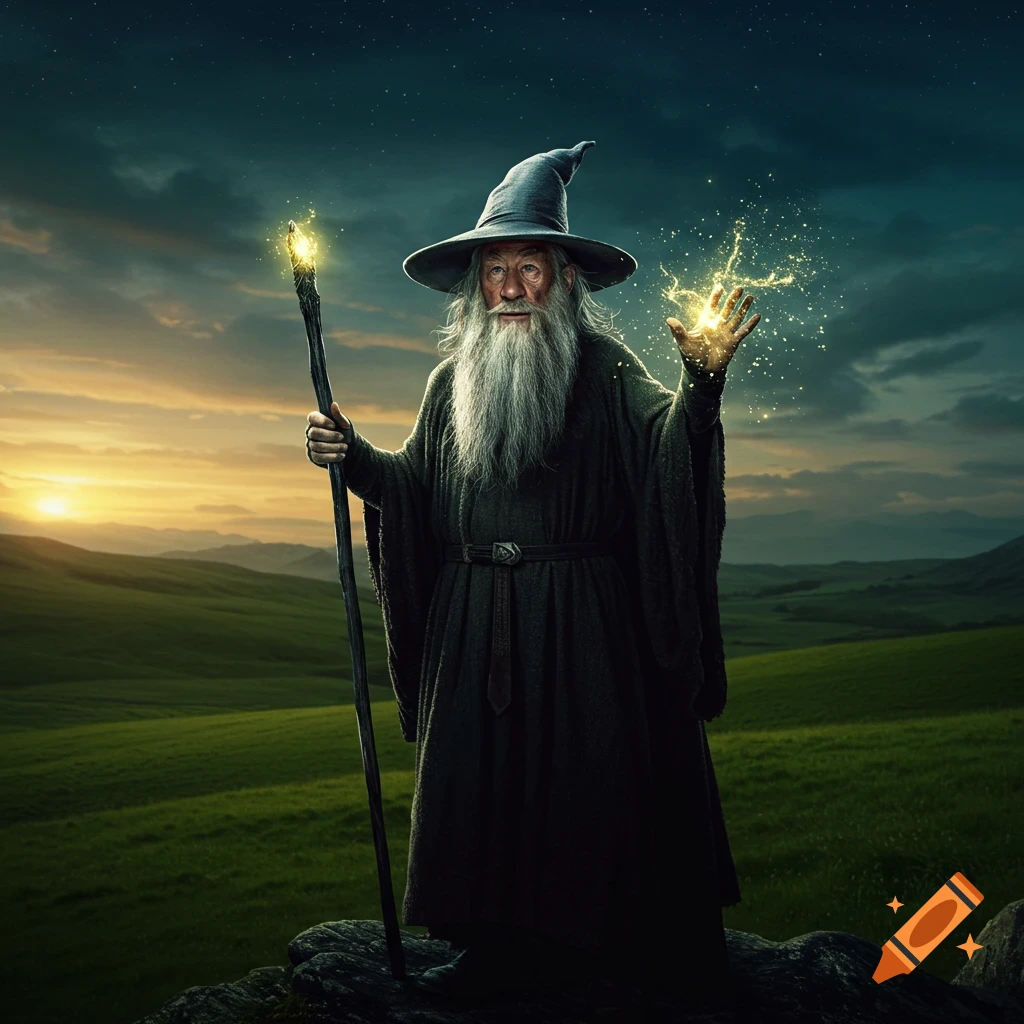 A photorealistic wizard with a long white beard and hat, holding a staff, conjures magic at sunset in a green, hilly landscape.