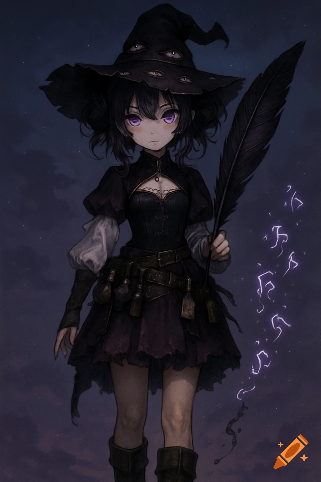 An anime-style witch with purple eyes and a multi-eyed hat holds a giant quill, surrounded by glowing purple runes.