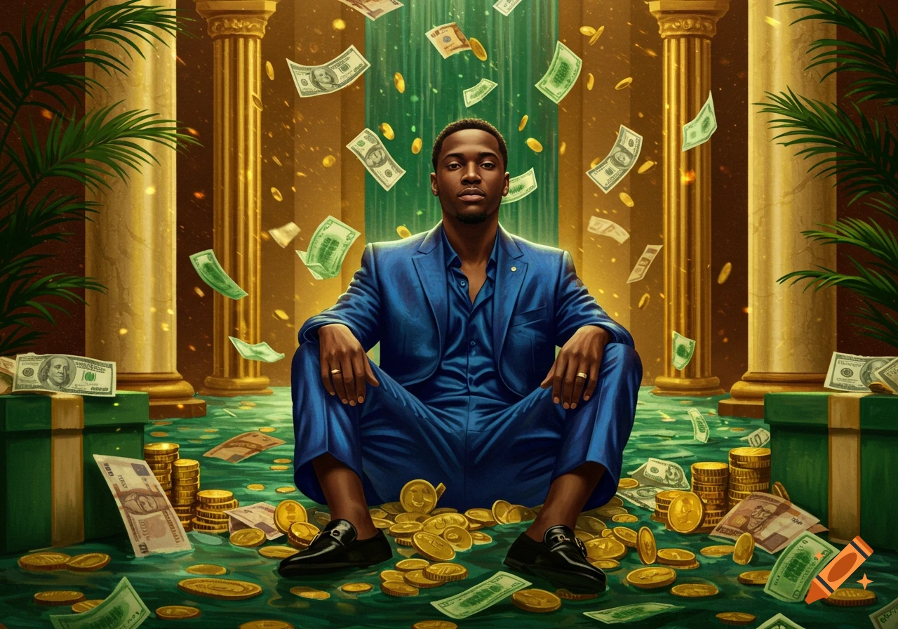 A Black man in a blue suit sits cross-legged, surrounded by gold coins and falling banknotes in a luxurious, columned room.