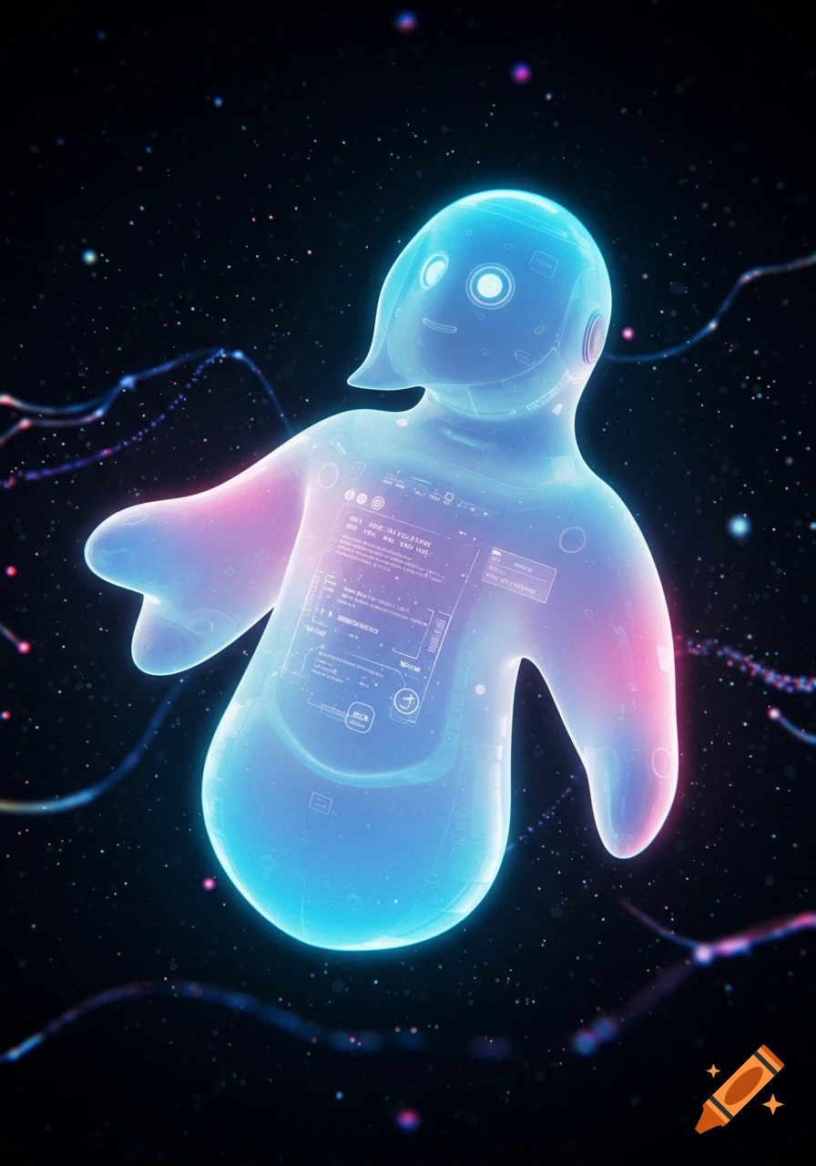 A glowing, translucent blue and pink chatbot figure with internal UI elements, floating in a starry space with glowing data streams.