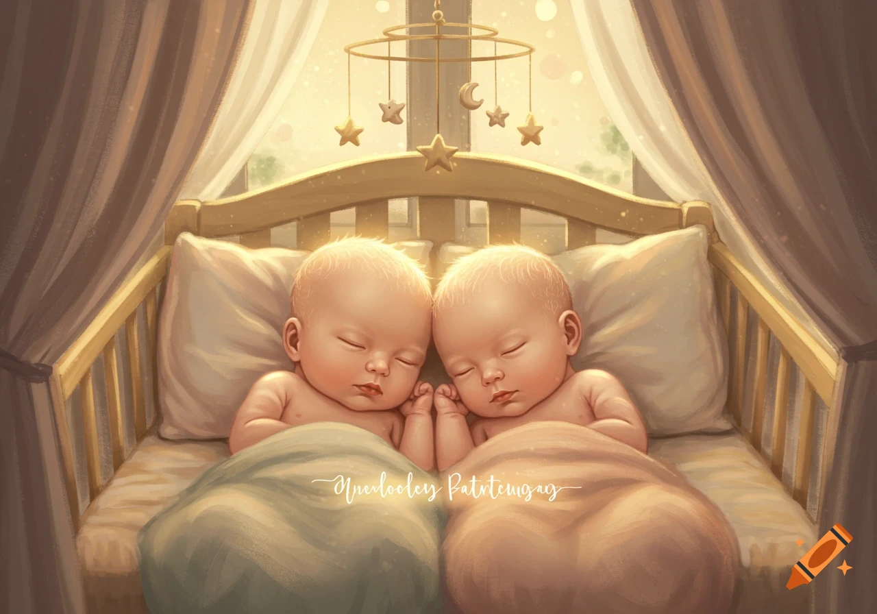 Two sleeping babies snuggled in a crib under a celestial mobile, bathed in soft golden light, illustration.