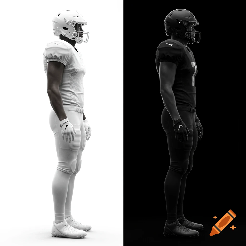 Two photorealistic American football players in profile, one in white uniform on white background, one in black uniform on black background.