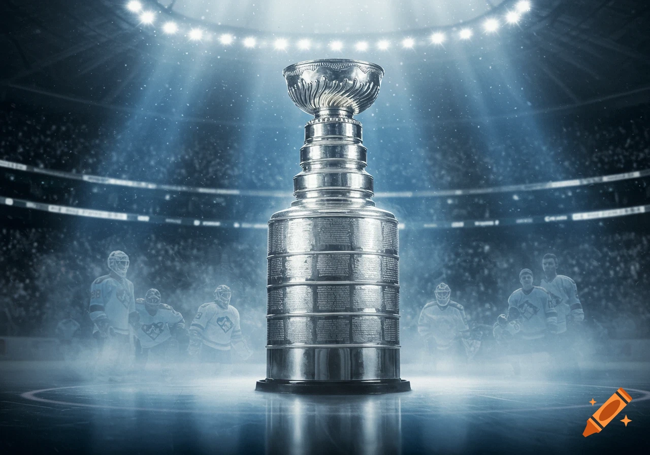 Stanley Cup trophy on a hockey rink with blurred players and a stadium in the background, lit from above.