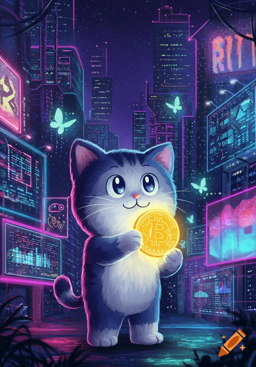 A cute, plump cat character with large eyes holds a glowing Bitcoin coin in  a neon-lit cyberpunk city with digital screens and luminous butterflies. on  Craiyon