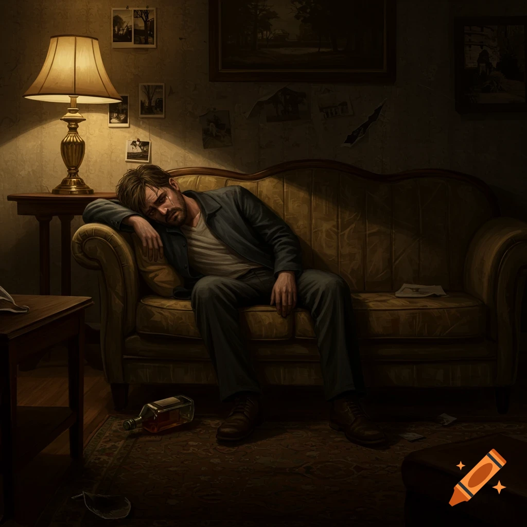 A distraught man, appearing drunk and heartbroken, slumps on a sofa in a dimly lit room with an empty bottle.