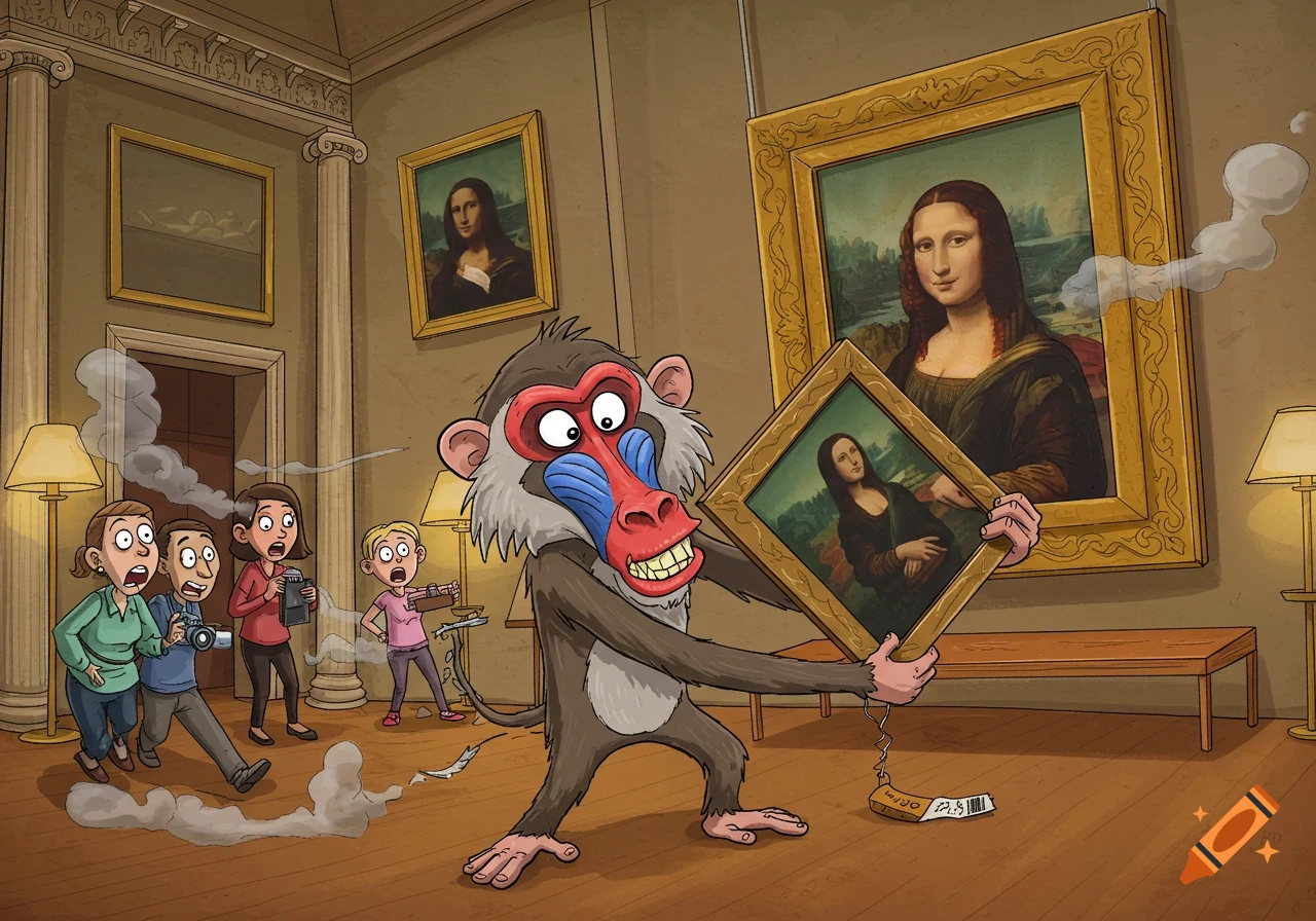 A cartoon baboon smiles mischievously while running off with a small Mona Lisa painting in a museum, as shocked tourists react behind it.
