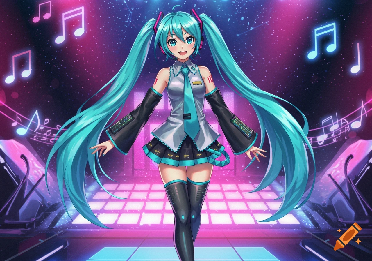 Hatsune Miku with long blue twin-tails, wearing a grey and black costume, smiles on a stage with glowing musical notes.