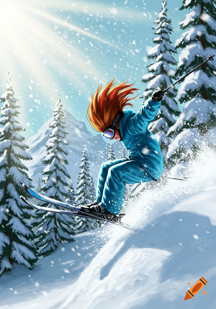 A red-haired skier in a blue suit carves down a snowy mountain, kicking up powder under bright sun, with pine trees in the background. Illustration.