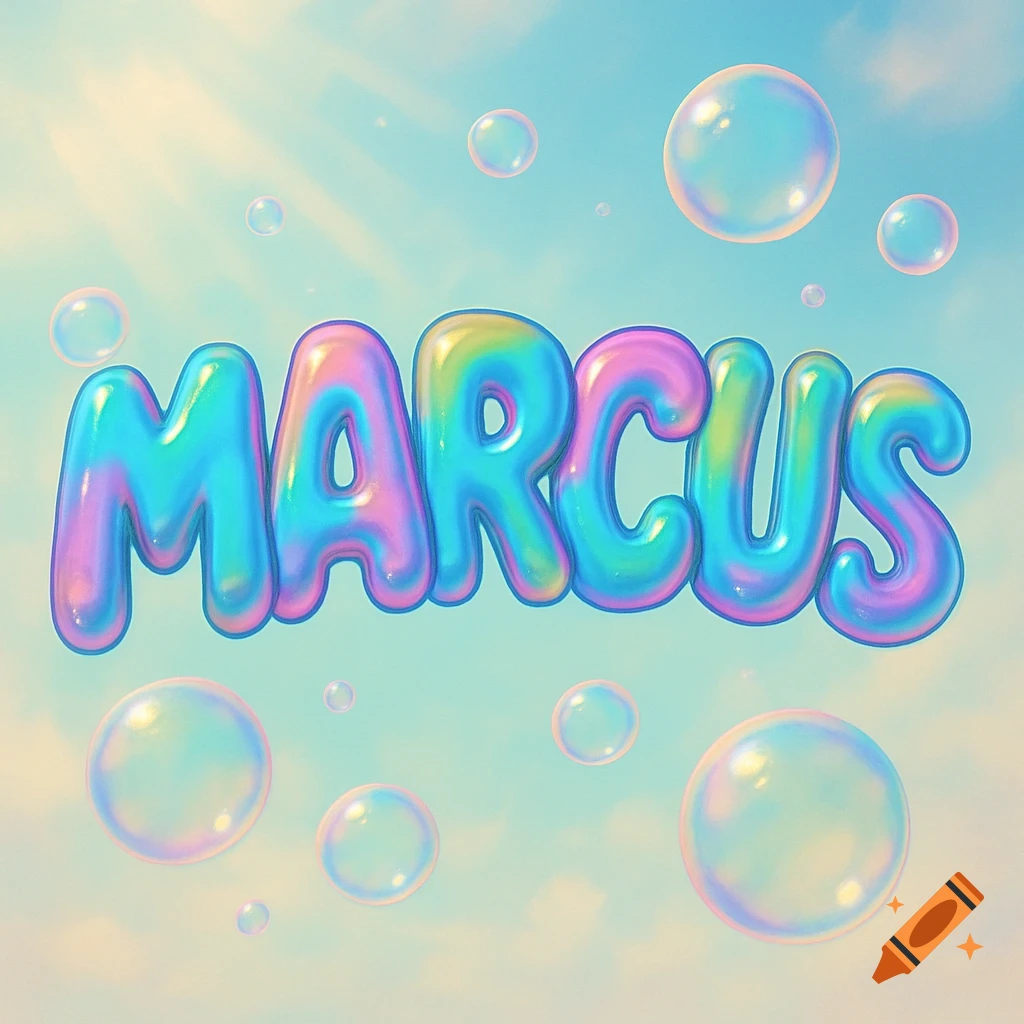 The name MARCUS in colorful bubble letters floats against a blue sky with soft clouds and many iridescent bubbles.