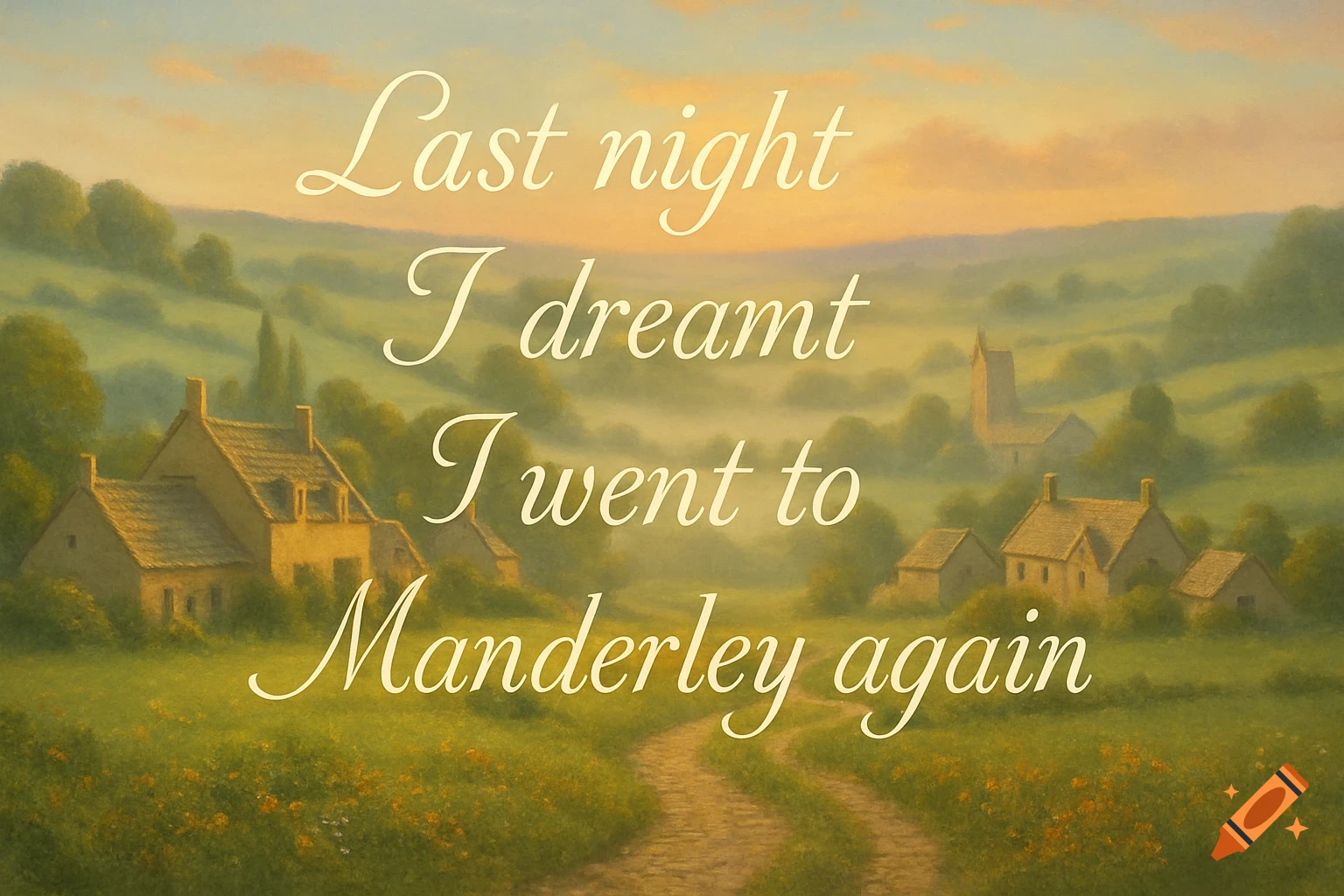Painted countryside with rolling green hills, cottages, a church, and a path, under a sunset sky, with an overlaid quote.