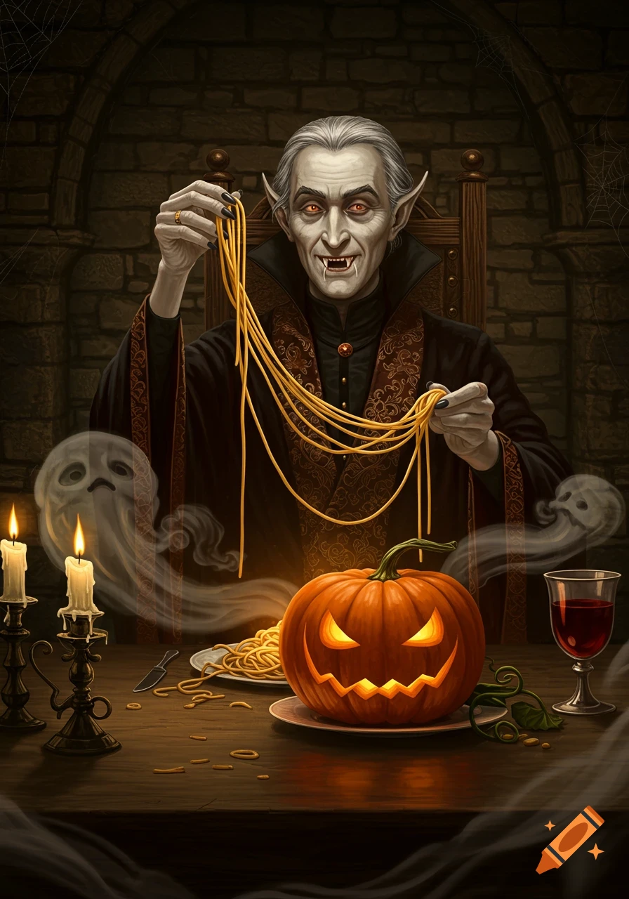 A pale vampire with fangs holds pasta over a table with a glowing jack-o'-lantern, candles, ghosts, and red liquid. Detailed illustration.
