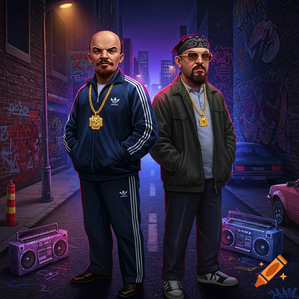 Two men, one resembling Lenin in an Adidas tracksuit and another resembling Trotsky in a jacket and bandana, stand in a graffiti-covered alley at night, with boomboxes on the ground. The style is rap-inspired and vibrant.