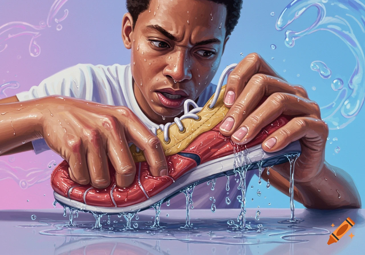 A stylized illustration of a young person tightly squeezing a red and yellow shoe, with water dripping from it onto a wet surface.
