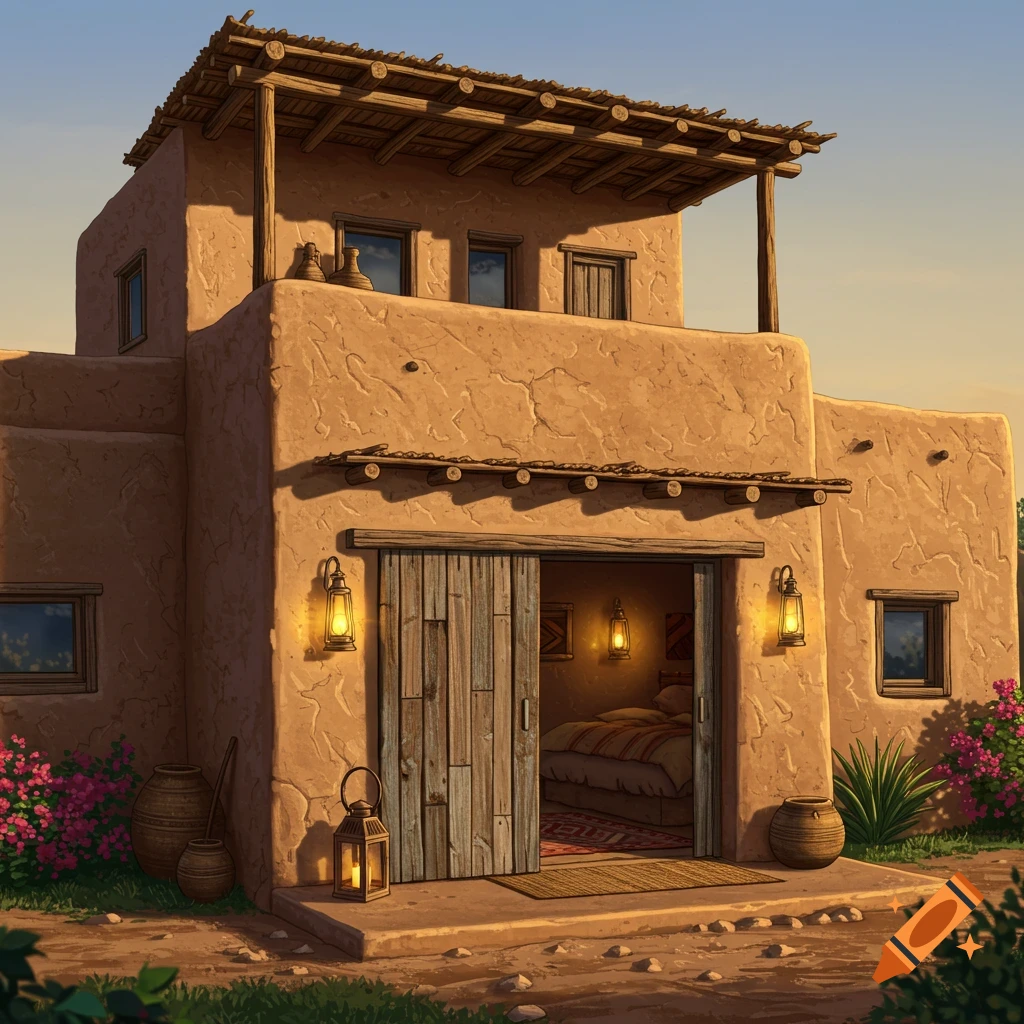A stylized illustration of a two-story adobe house with a sliding wooden door, lanterns, and pink flowers at sunset.