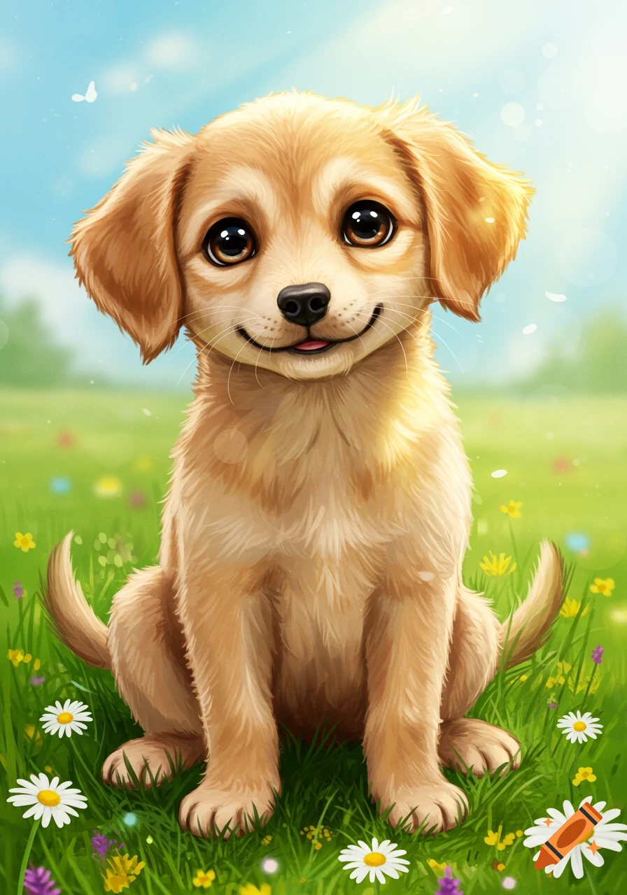 A cute, stylized golden-brown puppy with big puppy dog eyes and a human-like smile sits in a field of green grass and wildflowers under a blue sky.