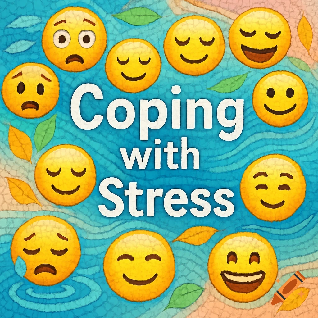 Text 'Coping with Stress' on a blue textured background, surrounded by various emojis and autumn leaves.