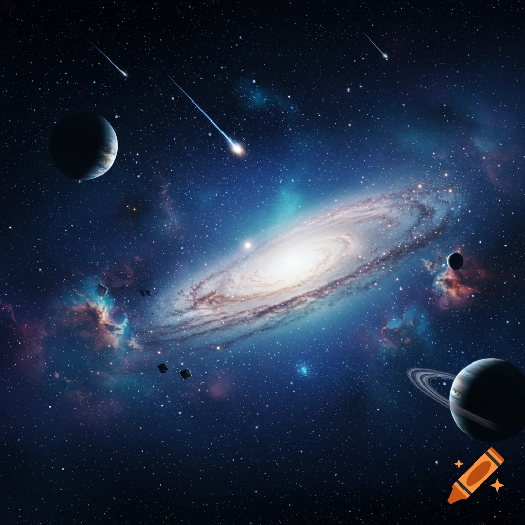 A vibrant depiction of deep space showing a bright spiral galaxy, multiple planets, and shooting stars amidst a field of stars.