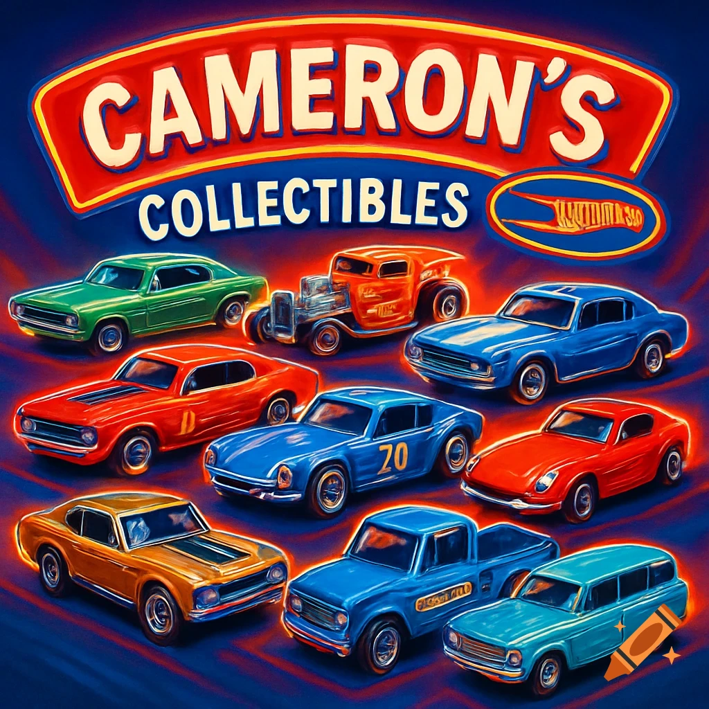 A vibrant collection of stylized hot wheels and matchbox cars in various colors, set against a dark blue background. A red banner at the top reads "CAMERON'S COLLECTIBLES" with a small, illegible logo.