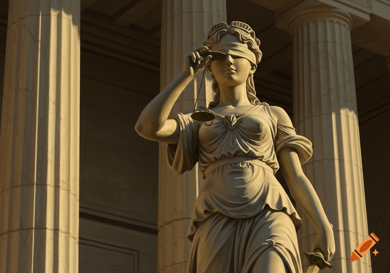 A blindfolded statue of Lady Justice discreetly lifts her blindfold, holding scales, against classical columns in golden light.