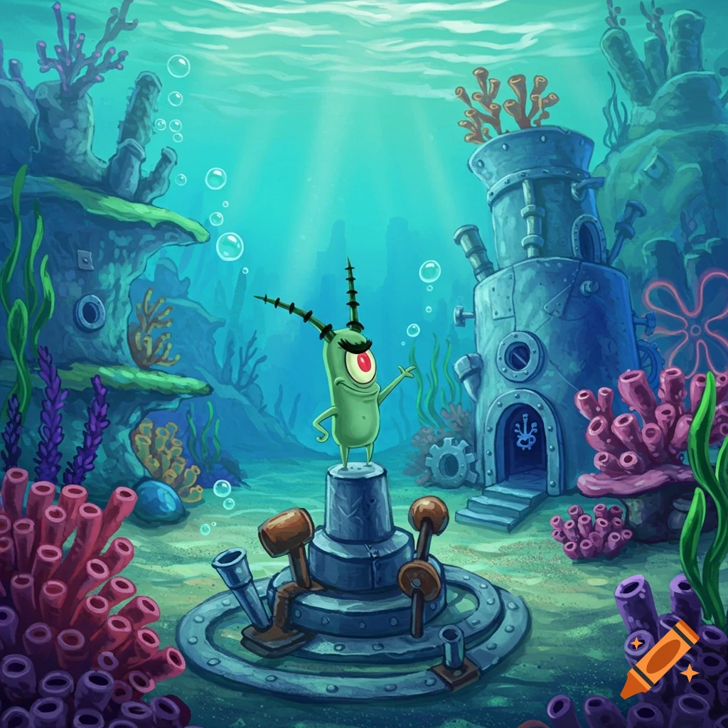 Plankton from Spongebob Squarepants stands on a device in a vibrant cartoon underwater scene with coral and his lab.
