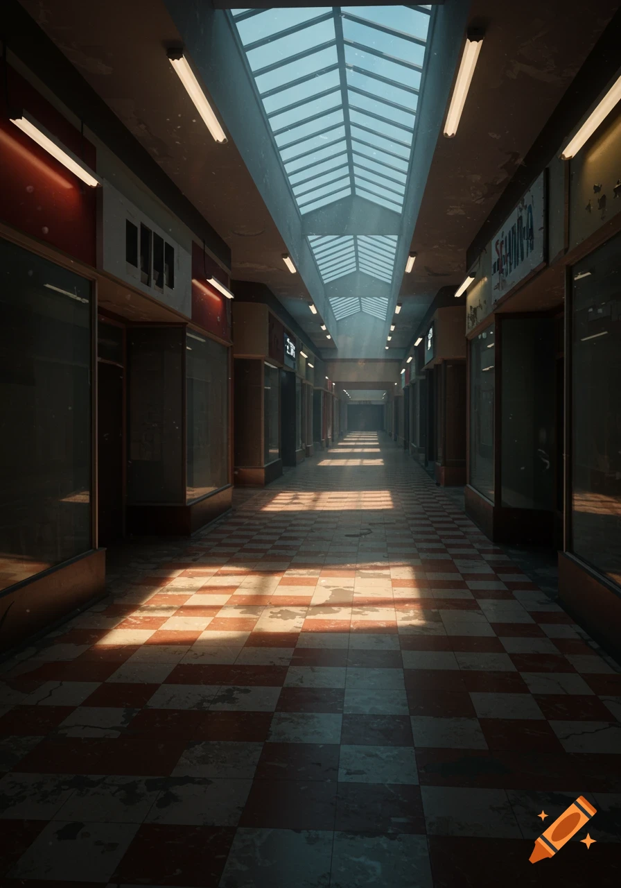 A long, empty, decaying shopping mall corridor with a checkered floor and a large skylight letting in beams of light.