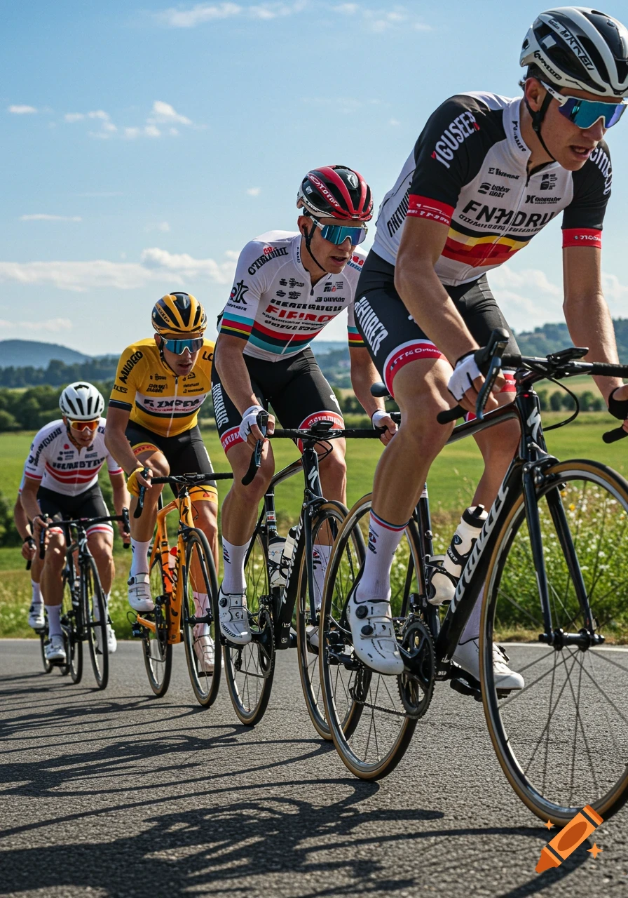 A close-up, photorealistic shot of a line of cyclists in colorful jerseys and helmets riding on a road under a sunny sky.