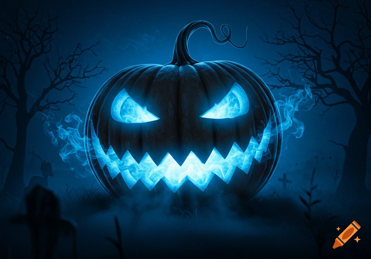 A glowing blue jack-o'-lantern with sharp eyes and a jagged smile, surrounded by blue smoke in a dark, eerie forest.