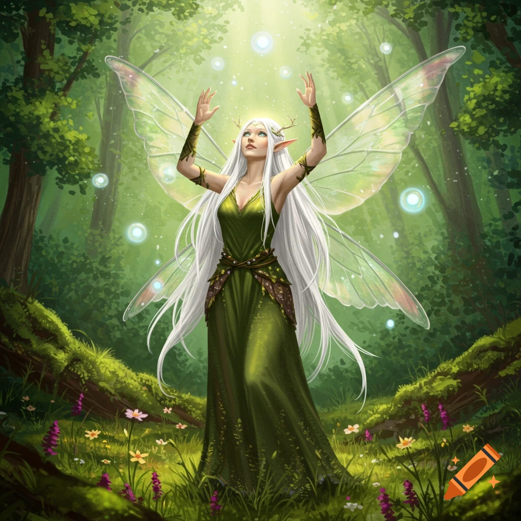 A white-haired faerie druid in a green dress and translucent wings stands in a forest, raising hands towards glowing orbs.