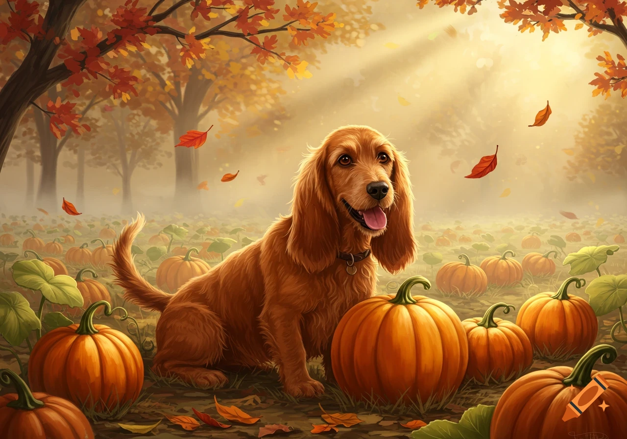 A happy brown dog sits among many orange pumpkins in a sunny autumn field with falling red and yellow leaves.