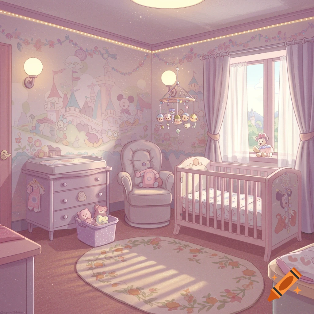 A whimsical, pastel-colored baby room with a crib, changing table, rocker, and Disney-themed wallpaper, bathed in soft sunlight.