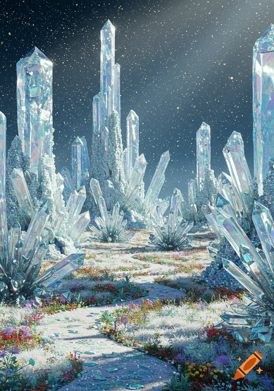 A path winds through a field of colorful flowers and white grass, surrounded by tall, shimmering blue and clear crystal formations under a starry sky.
