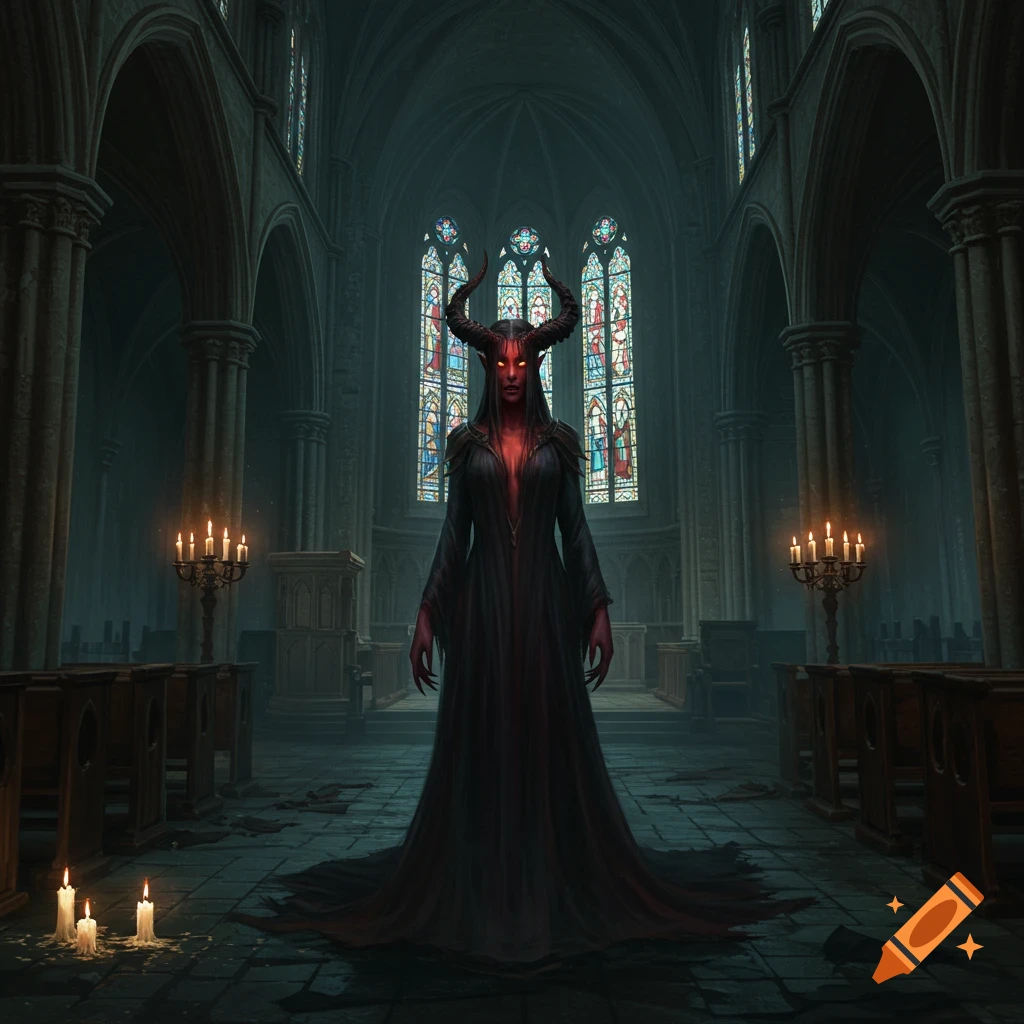 A red-skinned female demon with horns, glowing red eyes, and a long black dress stands in a dark, candlelit gothic church.