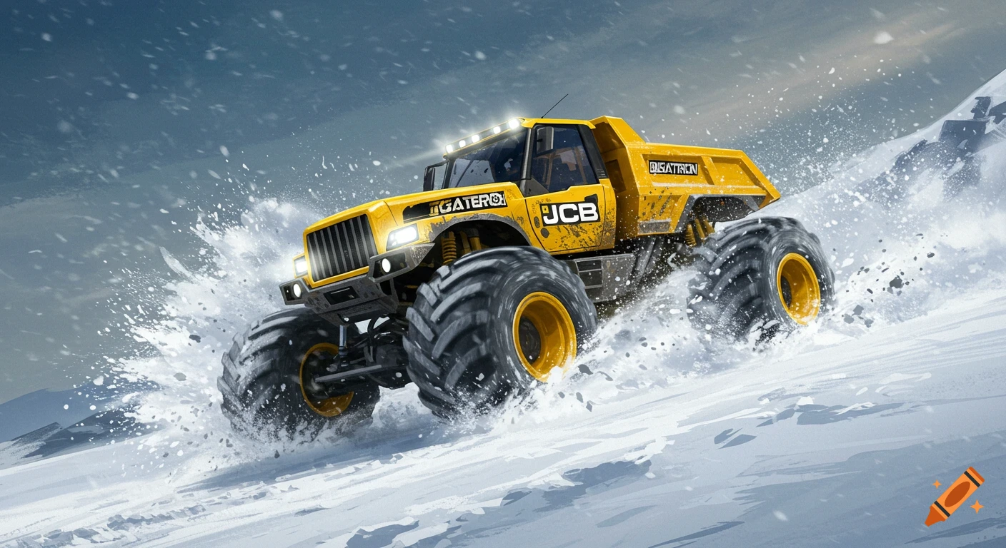 A yellow monster truck with large tires drives through thick snow, kicking up snow spray, depicted from a low front angle.