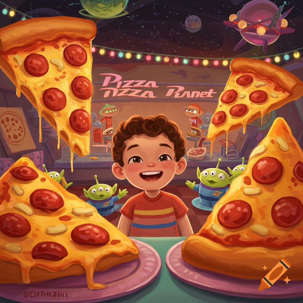 A cartoon boy smiles excitedly at large pizza slices, with green aliens and a "Pizza Planet" sign in a space-themed restaurant.