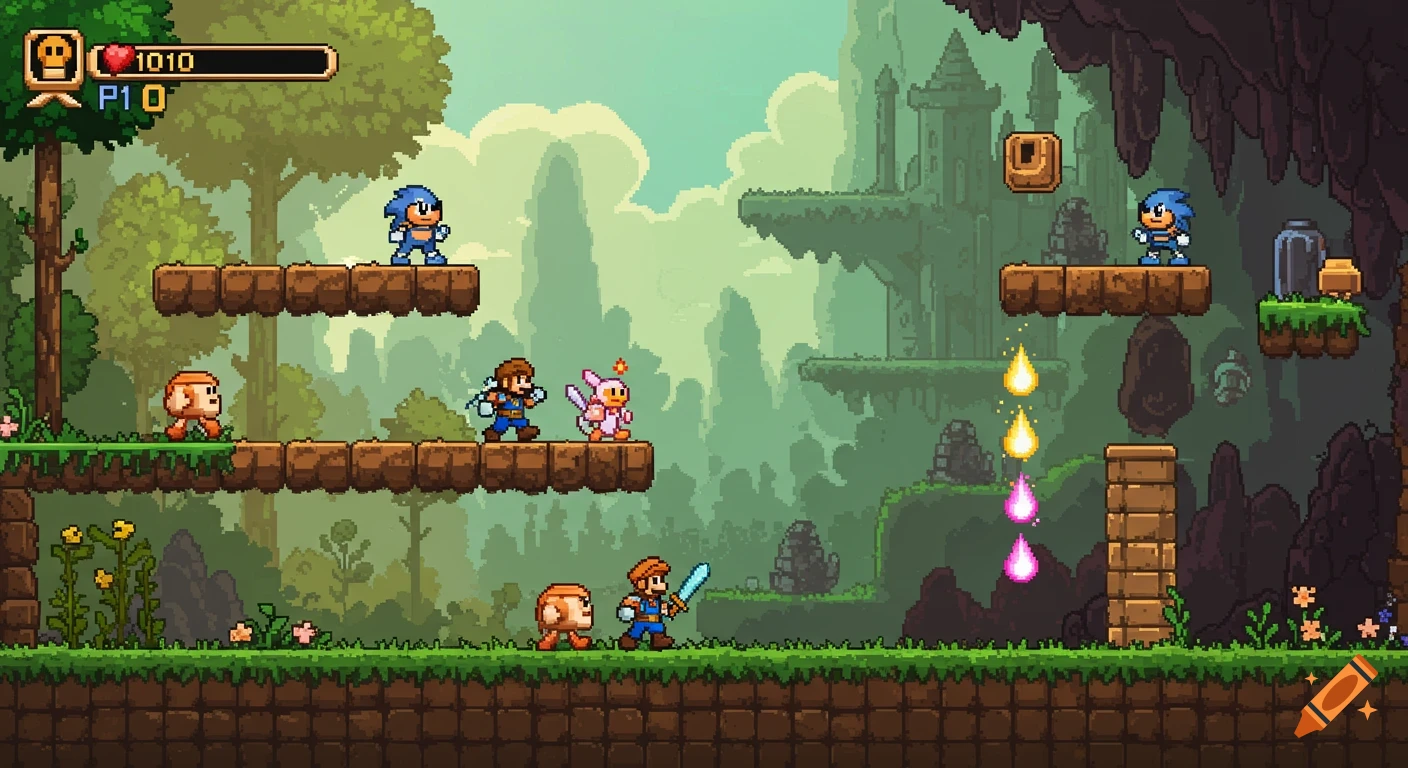 A colorful 16-bit pixel art platformer game featuring a hero with a sword, a companion, and various enemies on platforms in a forest and cave landscape.