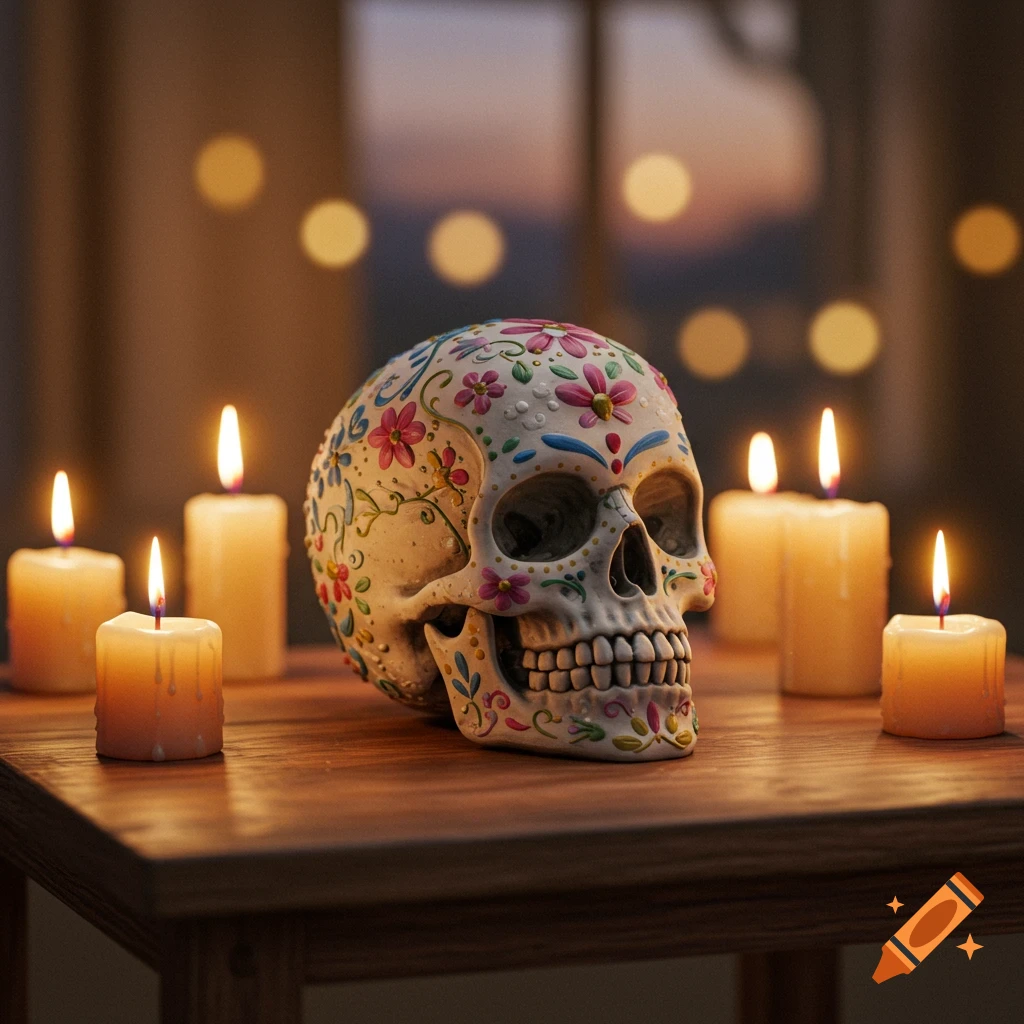 A vibrantly decorated sugar skull with floral patterns sits on a wooden table, surrounded by lit candles in a warm, dim light.