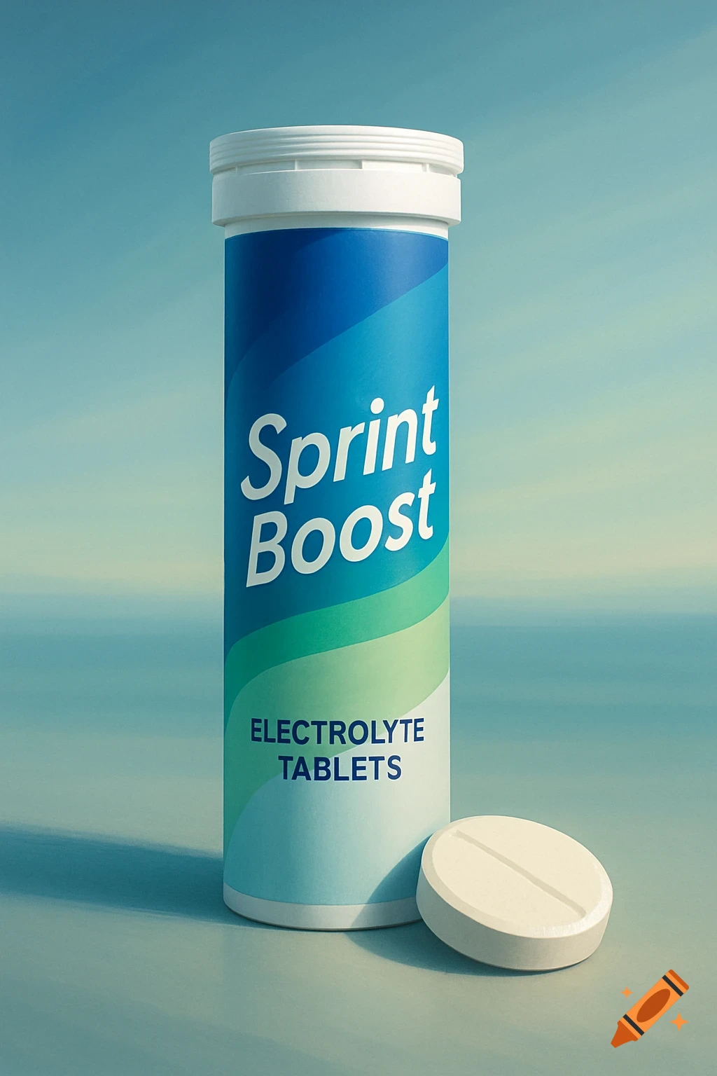 A tall white and blue bottle of 'Sprint Boost Electrolyte Tablets' stands next to a single white tablet, on a light blue background.