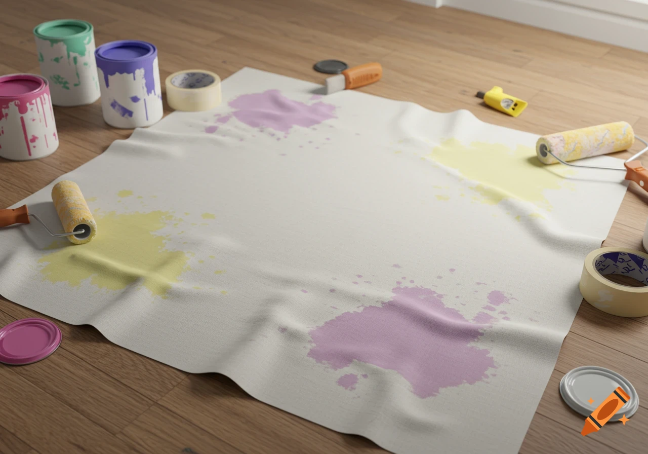 Hyper-realistic image of paint-splattered white cloth on a wooden floor, surrounded by paint cans, rollers, and masking tape.