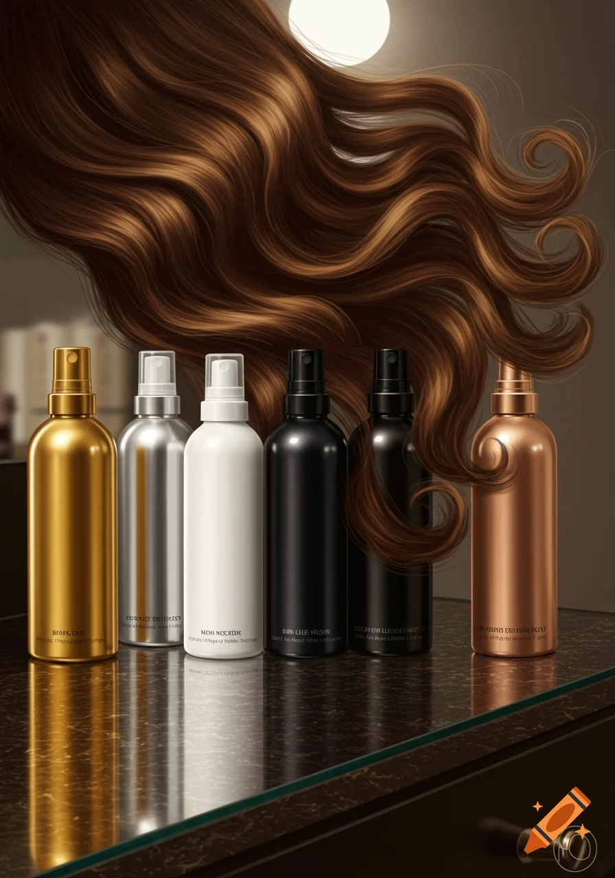 Six metallic and white spray bottles lined up with flowing brown hair cascading above them, under a bright light.