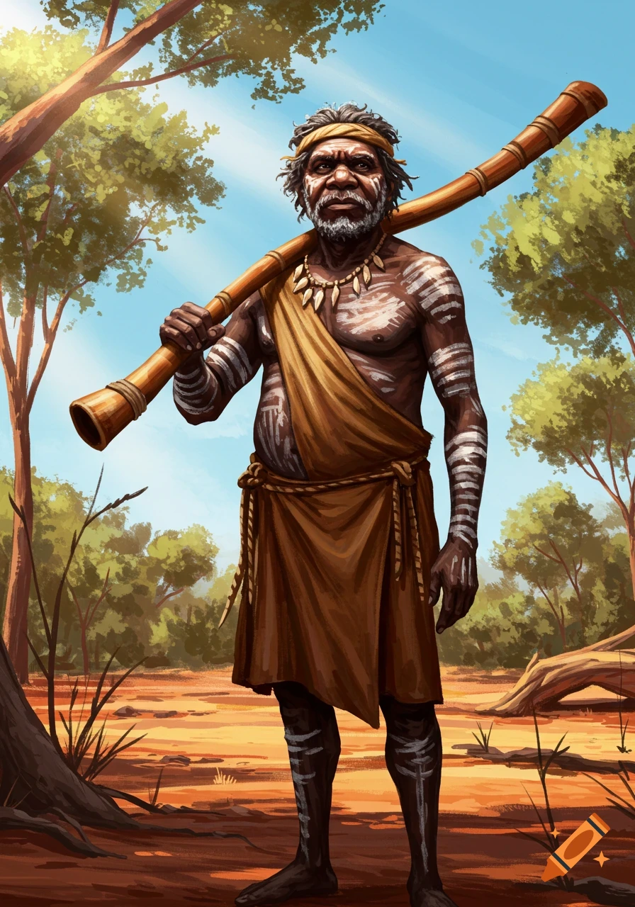 An Aboriginal man with white body paint holds a didgeridoo in a sunny, arid landscape, illustration.