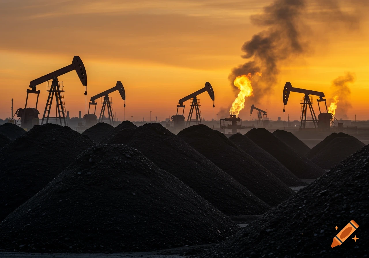 Industrial landscape at sunset with oil pumpjacks, coal heaps, and gas flares emitting smoke and fire under a golden sky.