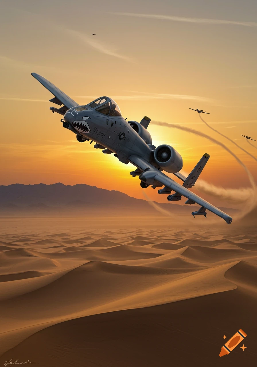 A photorealistic A-10 Warthog military jet with a shark mouth decal flies over desert dunes at sunset, with other jets in the distance.