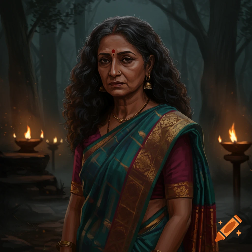A dark, atmospheric digital painting of a mature Indian woman with curly hair, wearing a green and gold sari, standing in a dim forest illuminated by oil lamps.