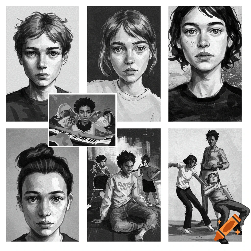 Black and white collage of illustrations featuring multiple portraits of young people and group scenes with them interacting with music and dancing.