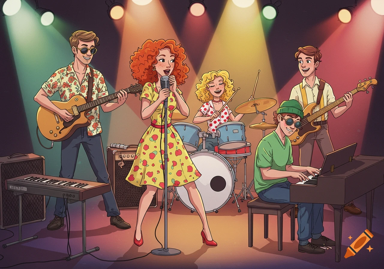 A cartoon band performing on stage under spotlights, featuring a female singer, two male guitarists, a female drummer, and a male pianist.