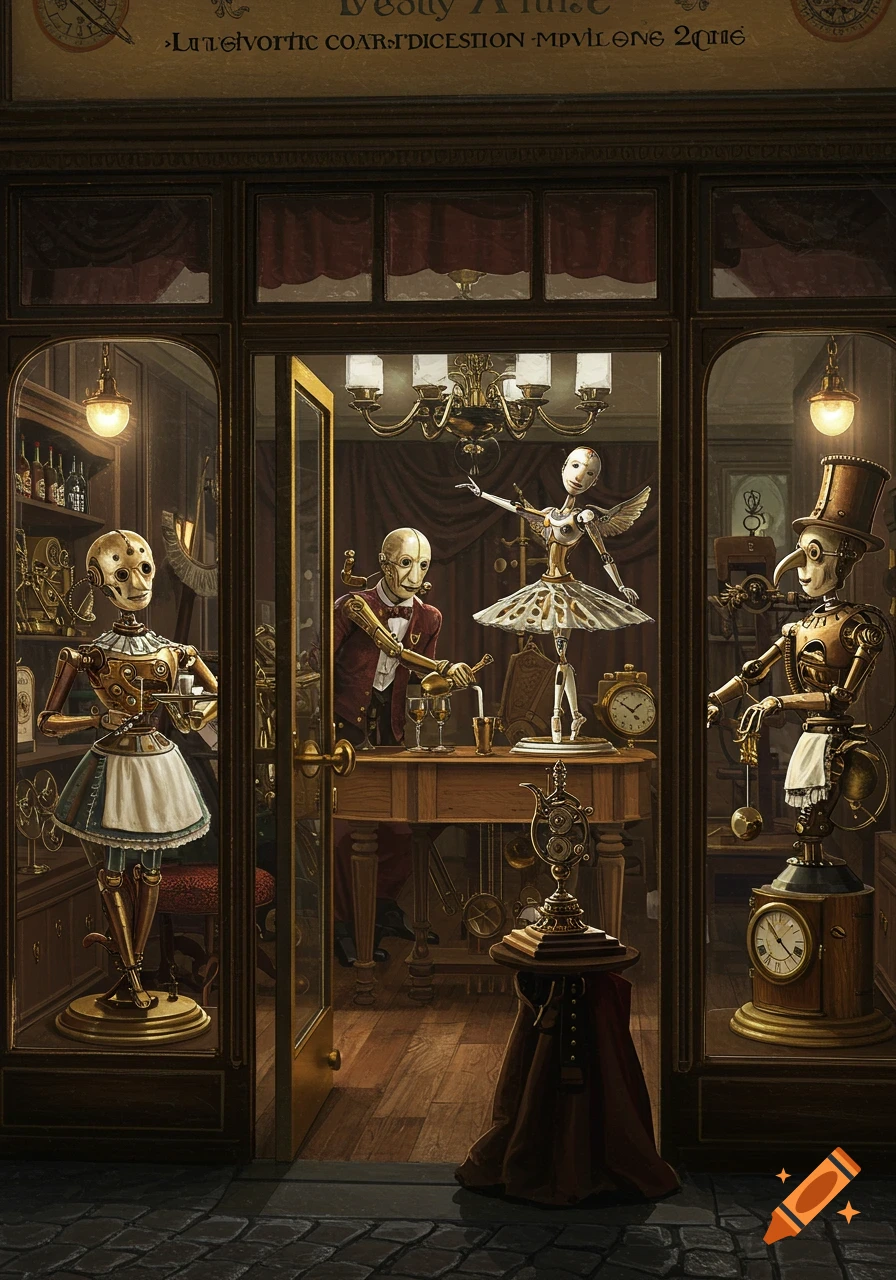 A detailed steampunk shop window scene featuring several automatons; one serves drinks, another dances, and a third holds a tray, all in a richly decorated interior.