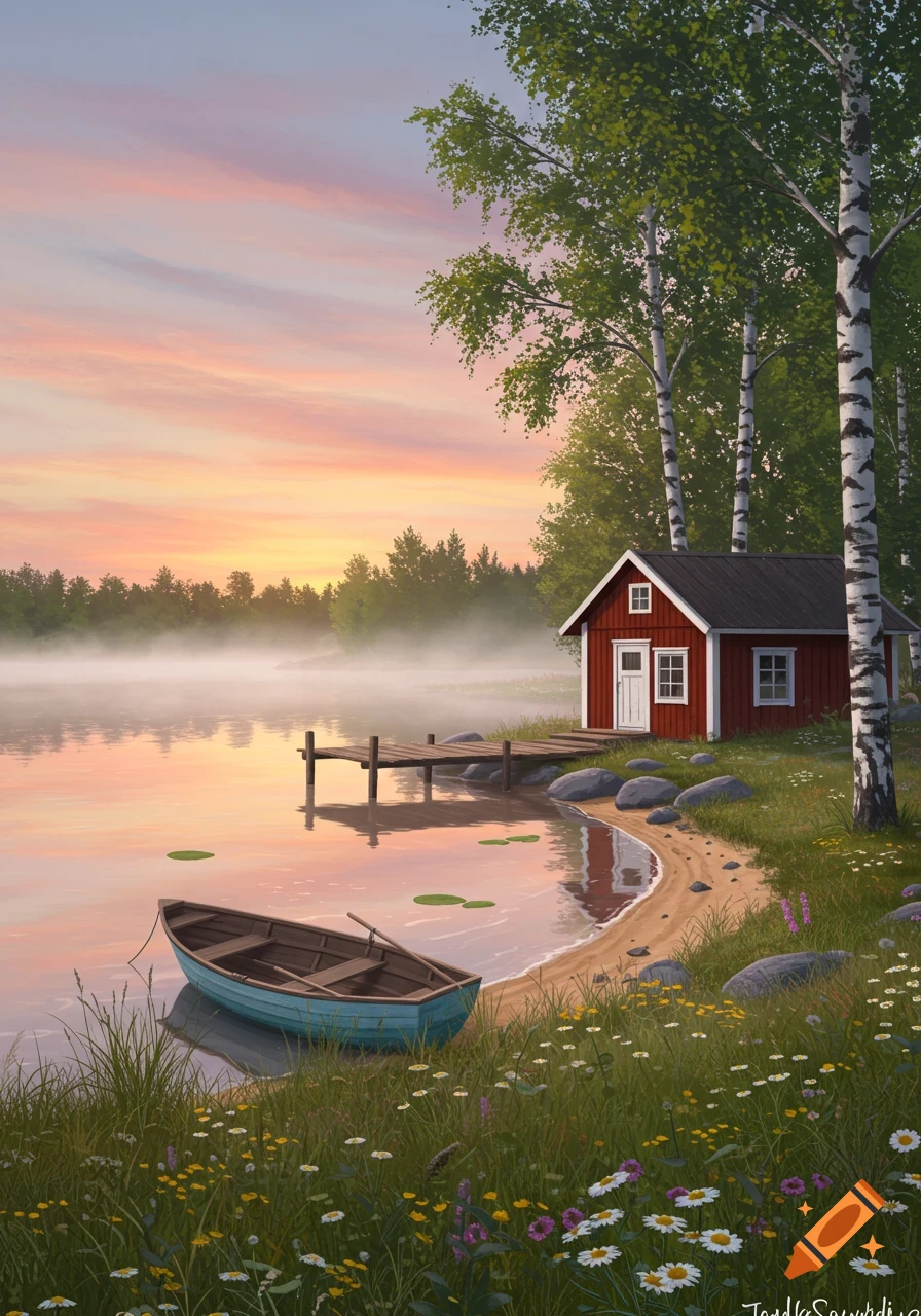 A serene painting of a red cottage by a misty lake at sunrise, with a wooden boat, a dock, birch trees, and wildflowers.