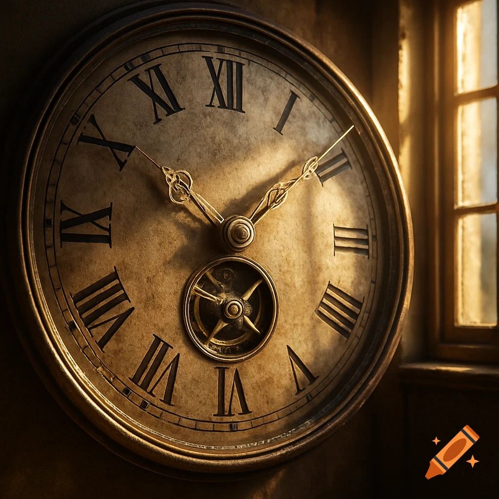 An ornate, antique-style wall clock with Roman numerals, bathed in soft light from a nearby window.